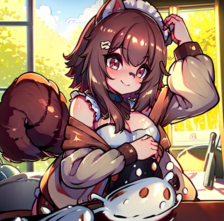 Rakkun Vtuber cooking in a cozy rustic kitchen.
action: Rakkun Vtuber is standing on a small stool, wearing an apron that is a little too big for him. He is concentrating on stirring a pot with a wooden spoon., while its fluffy tail moves from side to side. At your side, There are ingredients scattered: Carrots, mushrooms and a jar of honey. His expression is one of absolute dedication, as if he were creating his signature dish.
bottom: The kitchen is warm and cozy, with wooden shelves full of spices, hanging utensils and a window that lets in natural light. Outside you can see green trees and some flowers, creating a relaxing and homely atmosphere.
1 girl,long hair, High resolution, breasts, smile, brown hair, Hair ornament, pointy ears, masterpiece, necessary, The best quality, very detailed, 