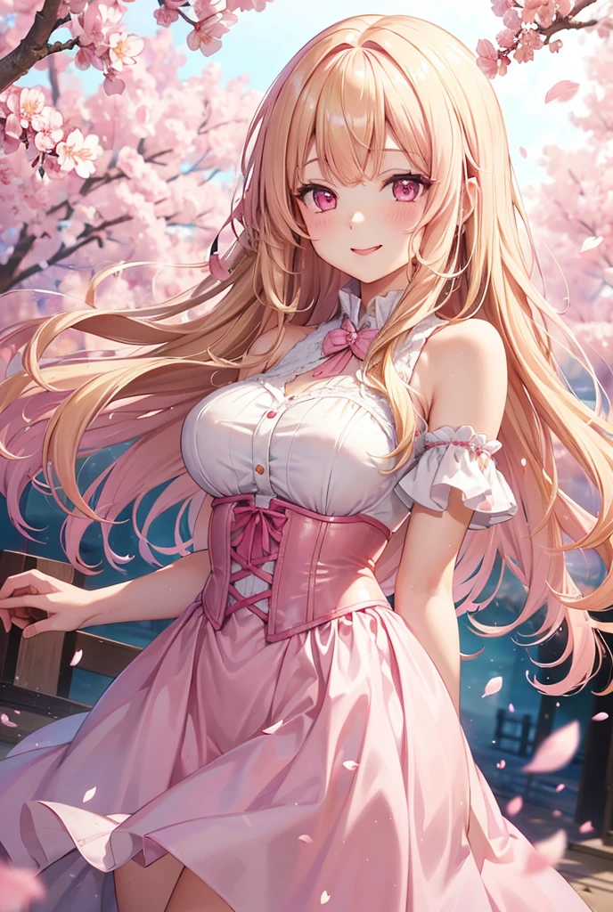 (Voluptuous:1.4),(gigantic breasts:1.8),((Very Beautiful Blonde Milf)),(((arms behind back))),(((1 Adult mature princess in fancy lolita dress with voluminous full length hoop skirt))),((standing in street, cherry blossom trees)),(bling-bling gorgeous gemstone jewelry),detailed mature face and eyes,((,extremely voluminous Very Long blonde Hair)),(gorgeous embroidery and lace),cleavage,gorgeous corsage,See-through,((extremely gorgeous lolita hair ornament)),bling-bling extremely gorgeous jeweled tiara,ornate ruffles,beautiful embroidery,(hoop skirt,crinoline),cherry blossoms, (cherry blossom petals flowing),((Dynamic Angle)),Looking at viewer,((full body)),sweet lolita dress with voluminous full length hoop skirt, ((anime artstyle)),(Masterpiece),(Best Quality), (Super Detail), arms behind back,