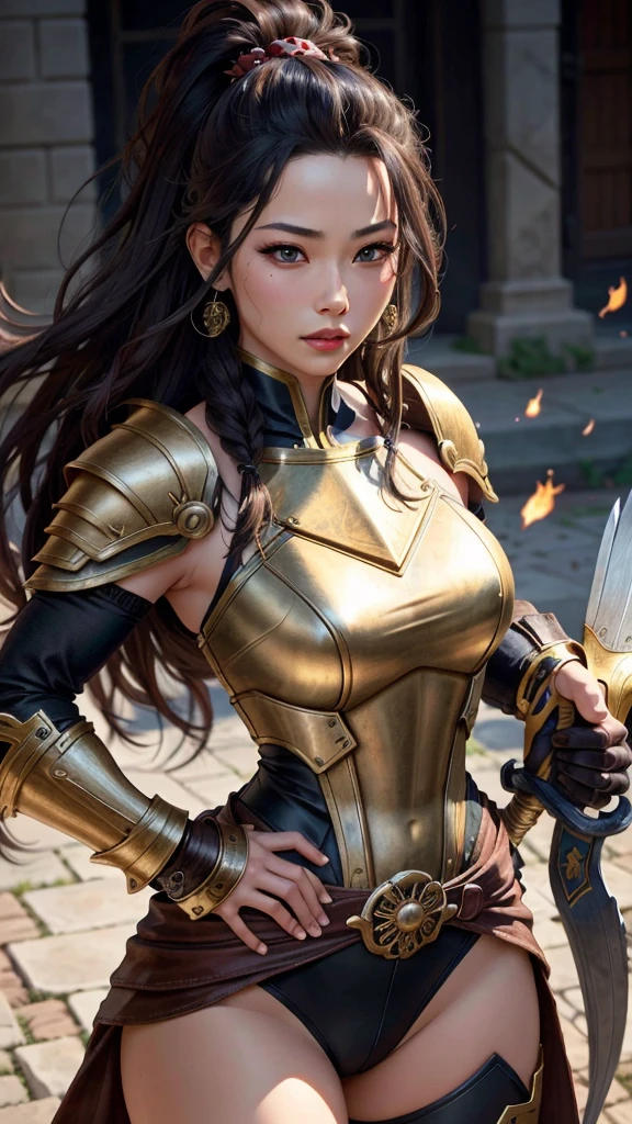 Realistic 1.3, (work of art), (best quality), perfect eyes, perfect face, Volumetric lighting, 1 , tall warrior, an asian girl, sexy, athletic body, Long hair, pompadour cut, heavy armor, huge shoulder pads, gauntlets, layer, waist belt, spear, leather panties, stern expression, invent, lipstick, eye shadow, masquerade 1.4, thick eyelashes, five deados, perfect hands, dark fantasy, open air, Detailed context, hand on hip