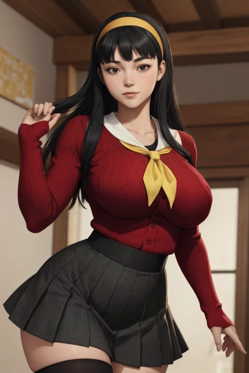 (best quality), (masterpiece), 1 girl, early 20's, huge heavy breasts, thick, thick lips, wide hips, thin waist, yukiko, red cardigan, yellow neckerchief, headband, black hair, black tights, pleated skirt