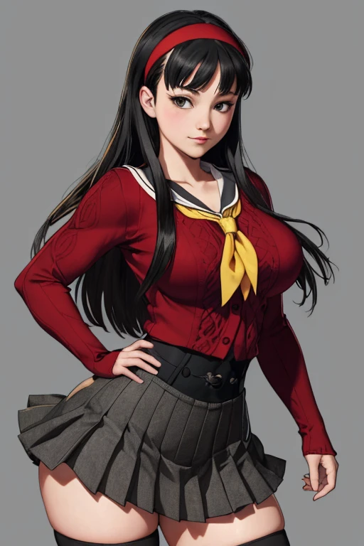 (best quality), (masterpiece), 1 girl, early 20's, huge heavy breasts, thick, thick lips, wide hips, thin waist, yukiko, red cardigan, yellow neckerchief, headband, black hair, black tights, pleated skirt