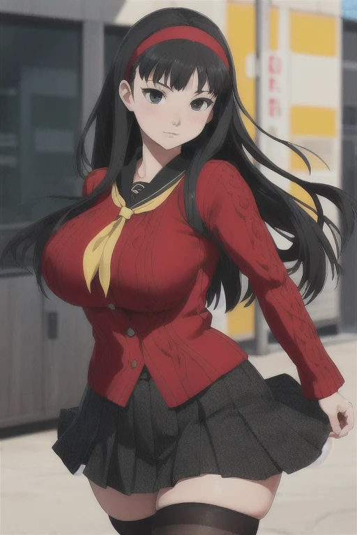 (best quality), (masterpiece), 1 girl, early 20's, huge heavy breasts, thick, thick lips, wide hips, thin waist, yukiko, red cardigan, yellow neckerchief, headband, black hair, black tights, pleated skirt