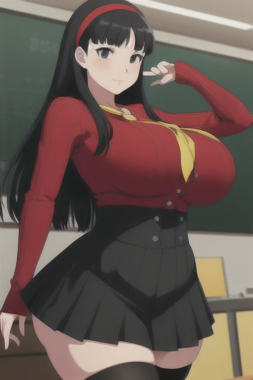 (best quality), (masterpiece), 1 girl, early 20's, huge heavy breasts, thick, thick lips, wide hips, thin waist, yukiko, red cardigan, yellow neckerchief, headband, black hair, black tights, pleated skirt