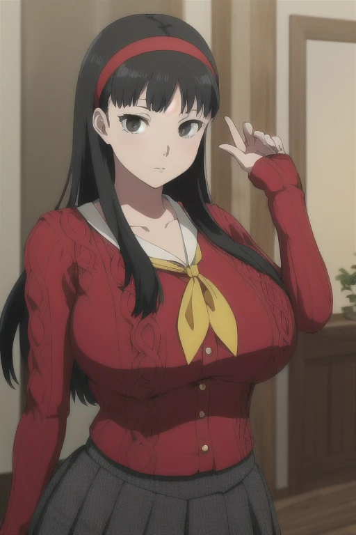 (best quality), (masterpiece), 1 girl, early 20's, huge heavy breasts, thick, thick lips, wide hips, thin waist, yukiko, red cardigan, yellow neckerchief, headband, black hair, black tights, pleated skirt