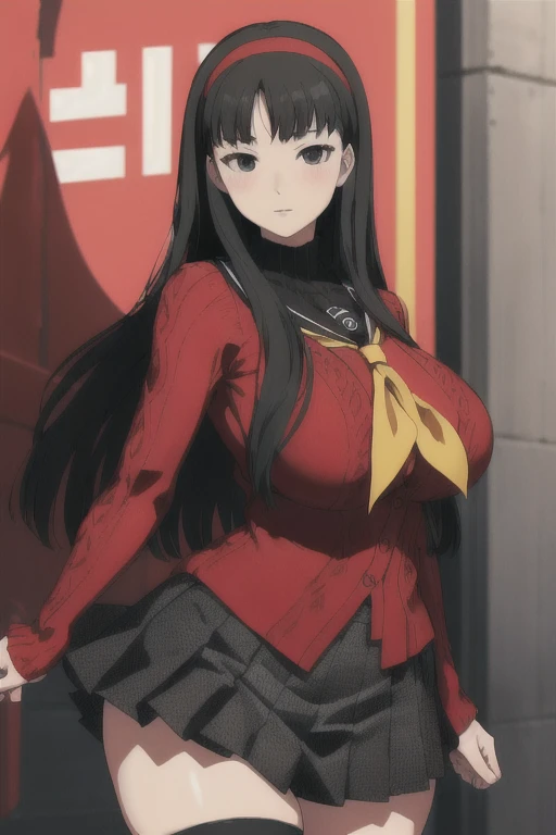 (best quality), (masterpiece), 1 girl, early 20's, huge heavy breasts, thick, thick lips, wide hips, thin waist, yukiko, red cardigan, yellow neckerchief, headband, black hair, black tights, pleated skirt