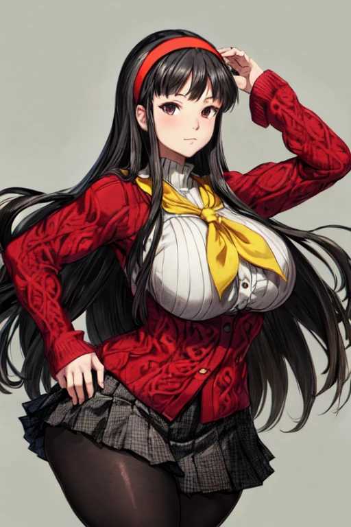 (best quality), (masterpiece), 1 girl, early 20's, huge heavy breasts, thick, thick lips, wide hips, thin waist, yukiko, red cardigan, yellow neckerchief, headband, black hair, black tights, pleated skirt