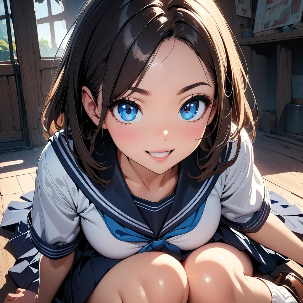 (Best quality: 1.2, 4K, 8k, studio animation, highly detailed, latest, vivid, high detail, high contrast, masterpiece: 1.2, highest quality, best aesthetics), (((1 girl))), sitting pose, split sitting pose, dynamic fighting pose, JK, sailor uniform, pleated skirt, loose socks, loafers, mouth slightly open: 1.2, smiling, dynamic angle, looking up: 1.3, friendly atmosphere, beautiful hair, shiny hair, beautiful skin, detailed face and eyes, glossy lips, feminine curves, impressive contrast, , anatomically correct