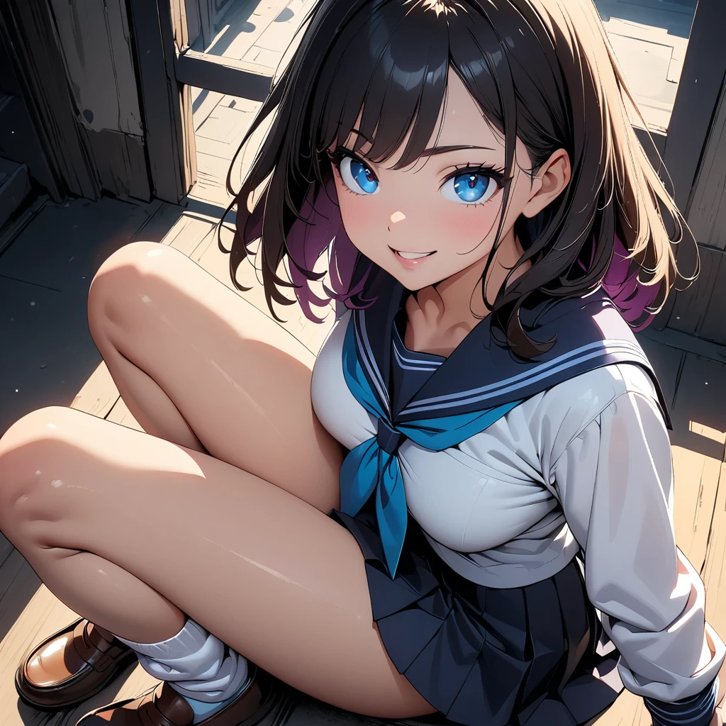 (Best quality: 1.2, 4K, 8k, studio animation, highly detailed, latest, vivid, high detail, high contrast, masterpiece: 1.2, highest quality, best aesthetics), (((1 girl))), sitting pose, split sitting pose, dynamic fighting pose, JK, sailor uniform, pleated skirt, loose socks, loafers, mouth slightly open: 1.2, smiling, dynamic angle, looking up: 1.3, friendly atmosphere, beautiful hair, shiny hair, beautiful skin, detailed face and eyes, glossy lips, feminine curves, impressive contrast, , anatomically correct