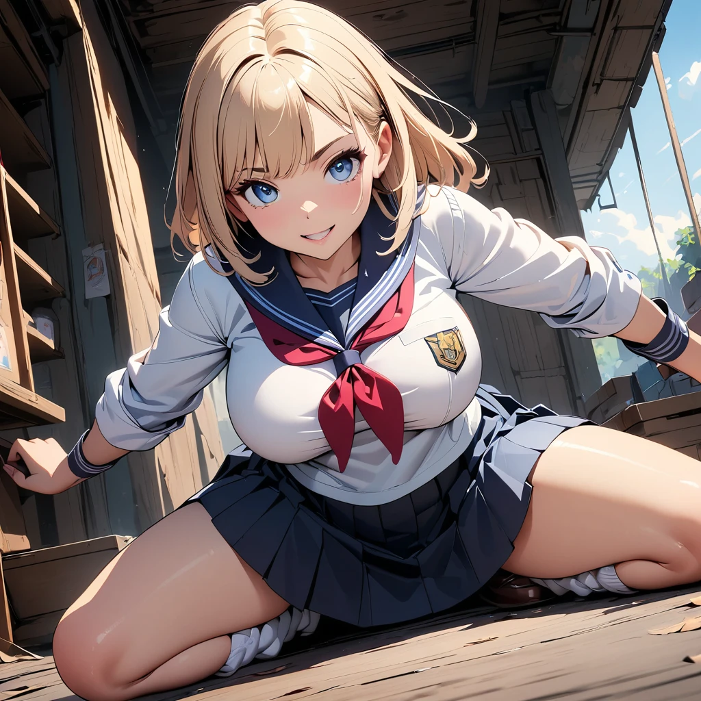 (Best quality: 1.2, 4K, 8k, studio animation, highly detailed, latest, vivid, high detail, high contrast, masterpiece: 1.2, highest quality, best aesthetics), (((1 girl))), sitting pose, split sitting pose, dynamic fighting pose, JK, sailor uniform, pleated skirt, loose socks, loafers, mouth slightly open: 1.2, smiling, dynamic angle, looking up: 1.3, friendly atmosphere, beautiful hair, shiny hair, beautiful skin, detailed face and eyes, glossy lips, feminine curves, impressive contrast, , anatomically correct