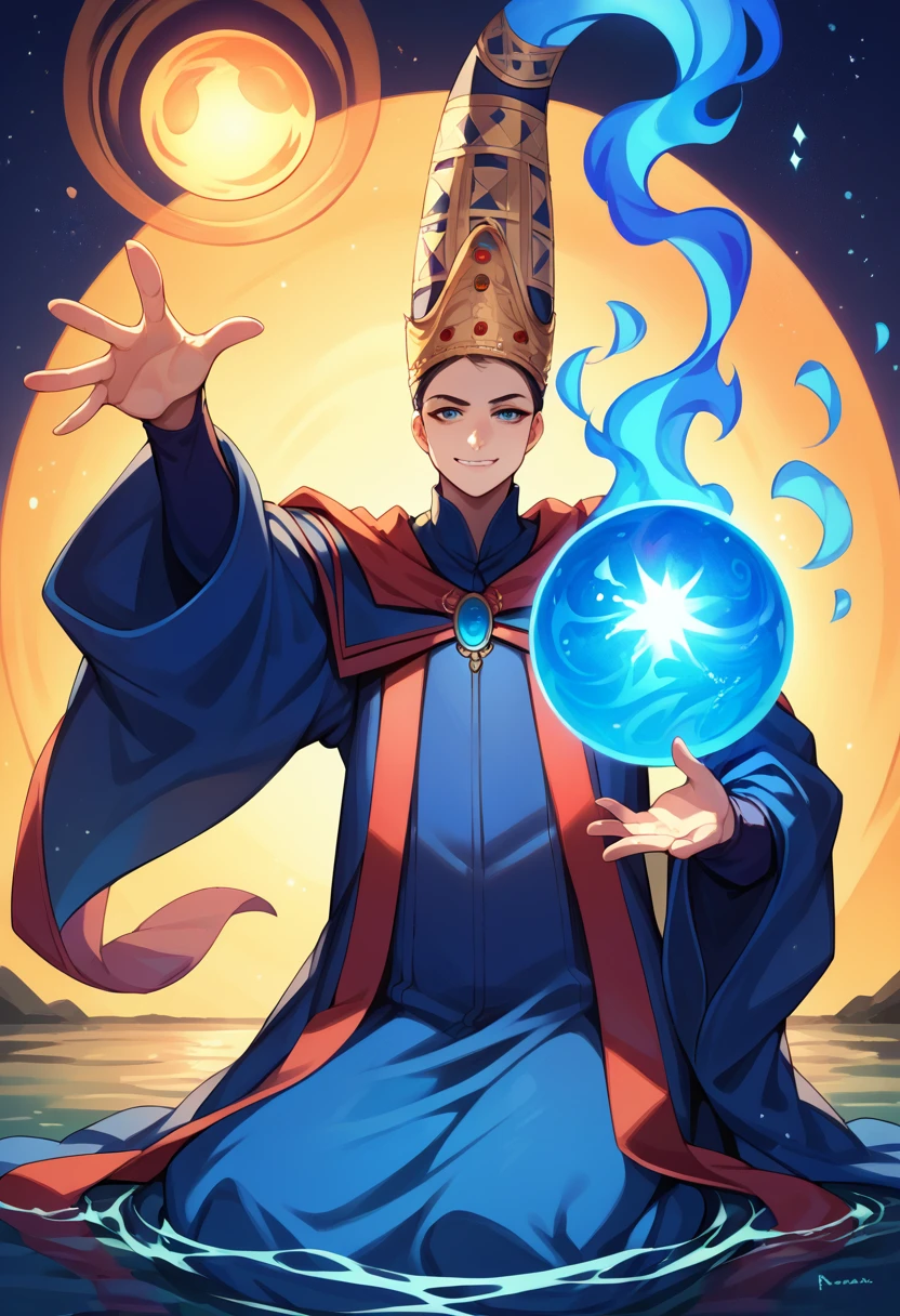 score_9, score_8_up, score_7_up, 1girl, solo, Rennala, crown, dress, blue robe, wide sleeves, long sleeves, smirk, casting a spell, magic spectre ball, blue fire ball, outstretched arm, looking at you, kneeling, night, on water, starry night, empty background