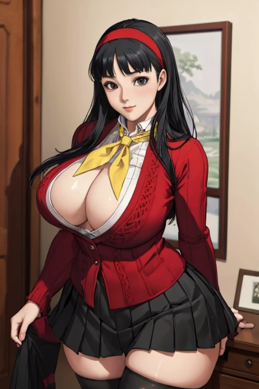 (best quality), (masterpiece), 1 girl, early 20's, huge heavy breasts, thick, thick lips, wide hips, thin waist, yukiko, red cardigan, yellow neckerchief, headband, black hair, black tights, pleated skirt