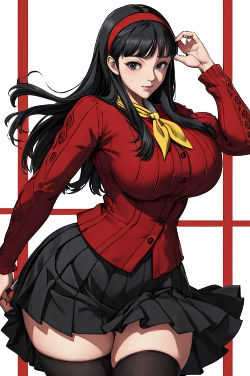 (best quality), (masterpiece), 1 girl, early 20's, huge heavy breasts, thick, thick lips, wide hips, thin waist, yukiko, red cardigan, yellow neckerchief, headband, black hair, black tights, pleated skirt