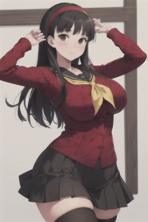 (best quality), (masterpiece), 1 girl, early 20's, huge heavy breasts, thick, thick lips, wide hips, thin waist, yukiko, red cardigan, yellow neckerchief, headband, black hair, black tights, pleated skirt