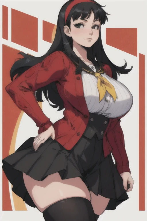 (best quality), (masterpiece), 1 girl, early 20's, huge heavy breasts, thick, thick lips, wide hips, thin waist, yukiko, red cardigan, yellow neckerchief, headband, black hair, black tights, pleated skirt