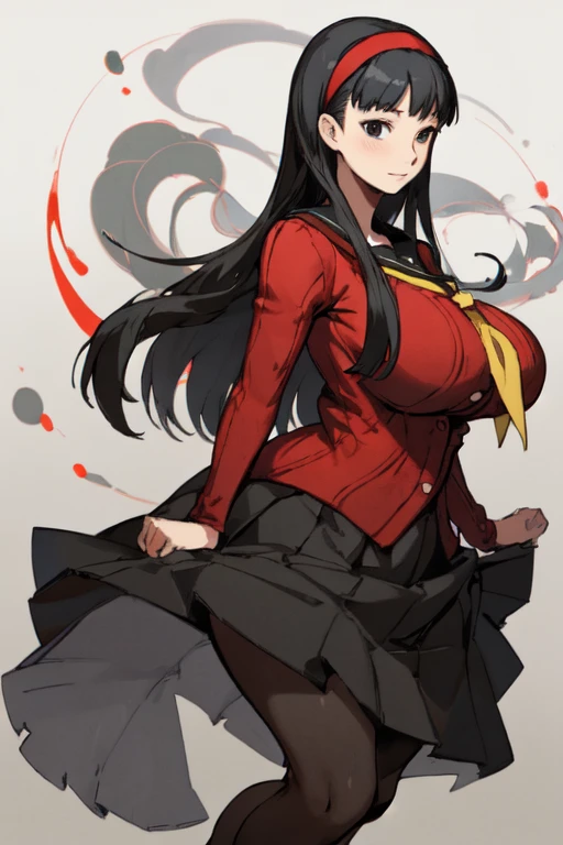 (best quality), (masterpiece), 1 girl, early 20's, huge heavy breasts, thick, thick lips, wide hips, thin waist, yukiko, red cardigan, yellow neckerchief, headband, black hair, black tights, pleated skirt