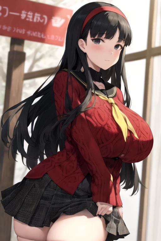 (best quality), (masterpiece), 1 girl, early 20's, huge heavy breasts, thick, thick lips, wide hips, thin waist, yukiko, red cardigan, yellow neckerchief, headband, black hair, black tights, pleated skirt