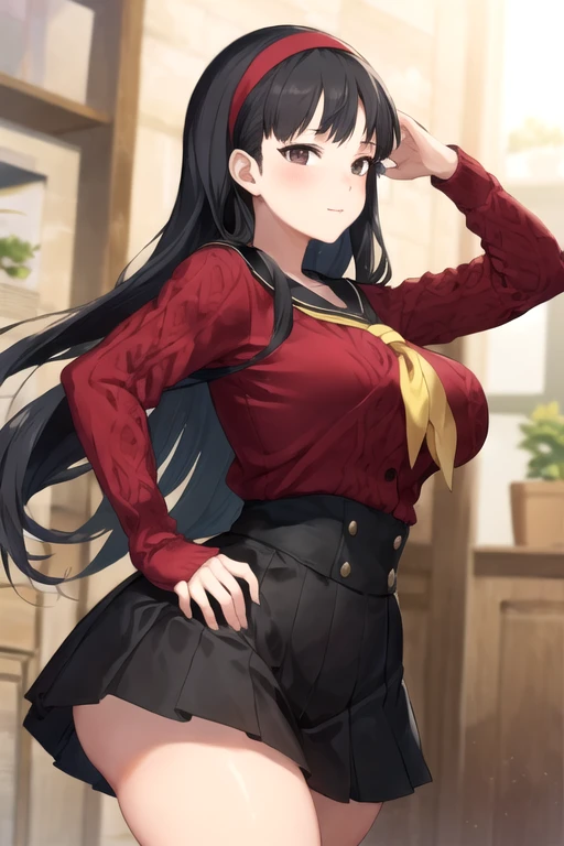 (best quality), (masterpiece), 1 girl, early 20's, huge heavy breasts, thick, thick lips, wide hips, thin waist, yukiko, red cardigan, yellow neckerchief, headband, black hair, black tights, pleated skirt