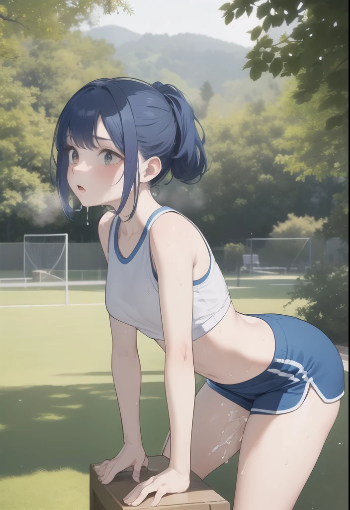nsfw:1.2, (masterpiece, Best image quality, high quality, High resolution, Realistic:1.2)、Red cheeks, Blue Hair, Solo is, woman, , Play sports often, Yoga Shorts, Colorful clothing, Park, null, tree々, is focus, (Leaning forward、sweat:1.5、Overflowing Sex Fluids:1.5