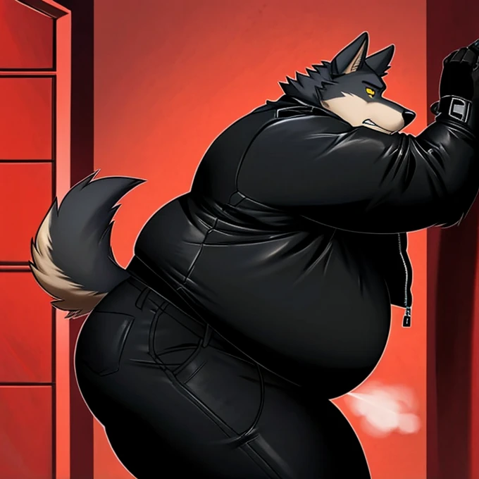 A male wolf furry with black fur, and yellow eyes, tall and fat, overweight male, obese, belly. He is wearing a black biker jacket, grey shirt, black pants and black fingerless gloves. Sweating, out of breath, He is running in a red hallway, Sideview