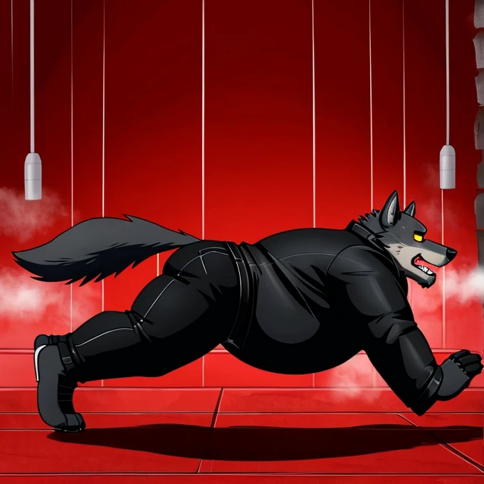 A male wolf furry with black fur, and yellow eyes, tall and fat, overweight male, obese, belly. He is wearing a black biker jacket, grey shirt, black pants and black fingerless gloves. Sweating, out of breath, He is running in a red hallway, Sideview