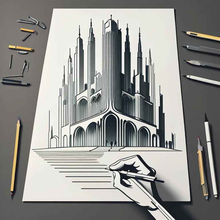 Pencil drawing, Architectural Design Process, Architectural Design And Drawings, In the process of completion, One hand, pencil, One hand holding a pencil, perspective projection, Two-point method, Trace-vanishing point method, Strange Architectural Designs, Weird, 