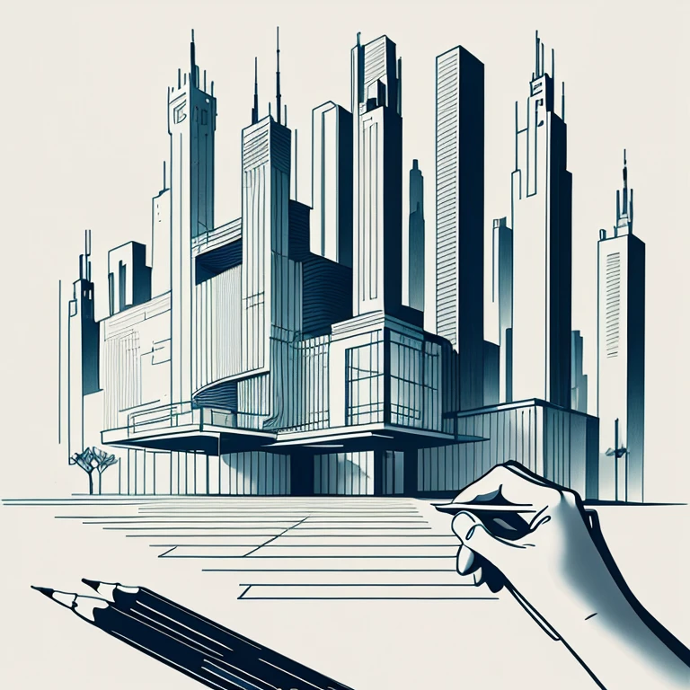 Pencil drawing, Architectural Design Process, Architectural Design And Drawings, In the process of completion, One hand, pencil, One hand holding a pencil, perspective projection, Two-point method, Trace-vanishing point method, Strange Architectural Designs, Weird, 