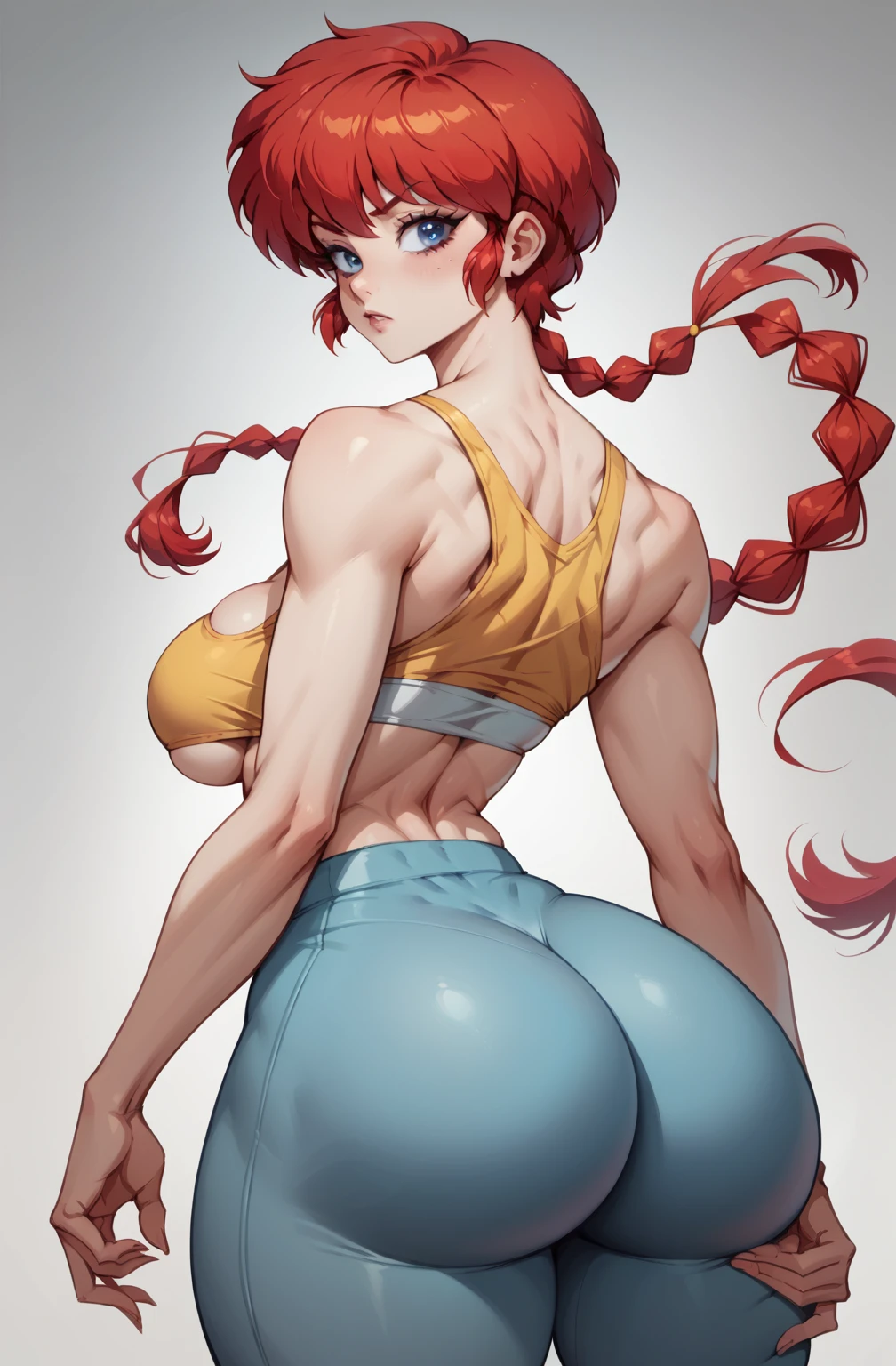 Ranma Chan, redhead, a woman , long and smooth red tone hair, bright and expressive blue eyes, she opted for worn adjusted yoga pants, a tight micro top, large breast, nsfw, big ass, thick thighs, wide hips, from behind