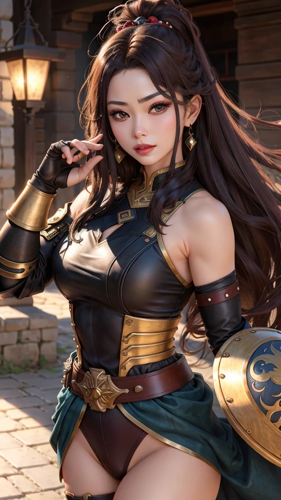 Realistic 1.2, Hane ame, (work of art), (best quality), perfect eyes, perfect face, Volumetric lighting, 1 , tall warrior, an asian girl, sexy, athletic body, Long hair, pompadour cut, heavy armor, huge shoulder pads, gauntlets, layer, waist belt, spear, leather panties, stern expression, invent, lipstick, eye shadow, masquerade 1.2, thick eyelashes, five deados, perfect hands, dark fantasy, open air, Detailed context