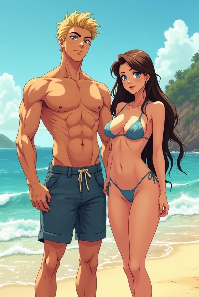 detailed anime style, young couple, (1 guy 1 girl), boyfriend and girlfriend, standing next to each other at the beach, (extreme height difference), (size difference); boyfriend: (tall), wide shoulders, swim trunks, blonde hair, blue eyes, hot, cute, muscular; girlfriend: slim, bikini, (huge boobs), huge ass, (short), hot,
