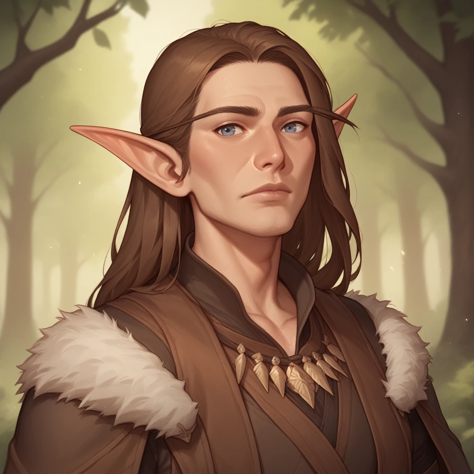 (((handsome, high quality, comics style, detailed face))), score_9, score_8_up, score_7_up, BREAK, bust shoot view, solo, A 40 years old man:1.1, male elf, long brown hair, wide neck, pointed ears, druid warrior, fur clothes, (upper body:1.1), contempt expression, tundra, fantasy outside, blurred background, Expressiveh, detailxl