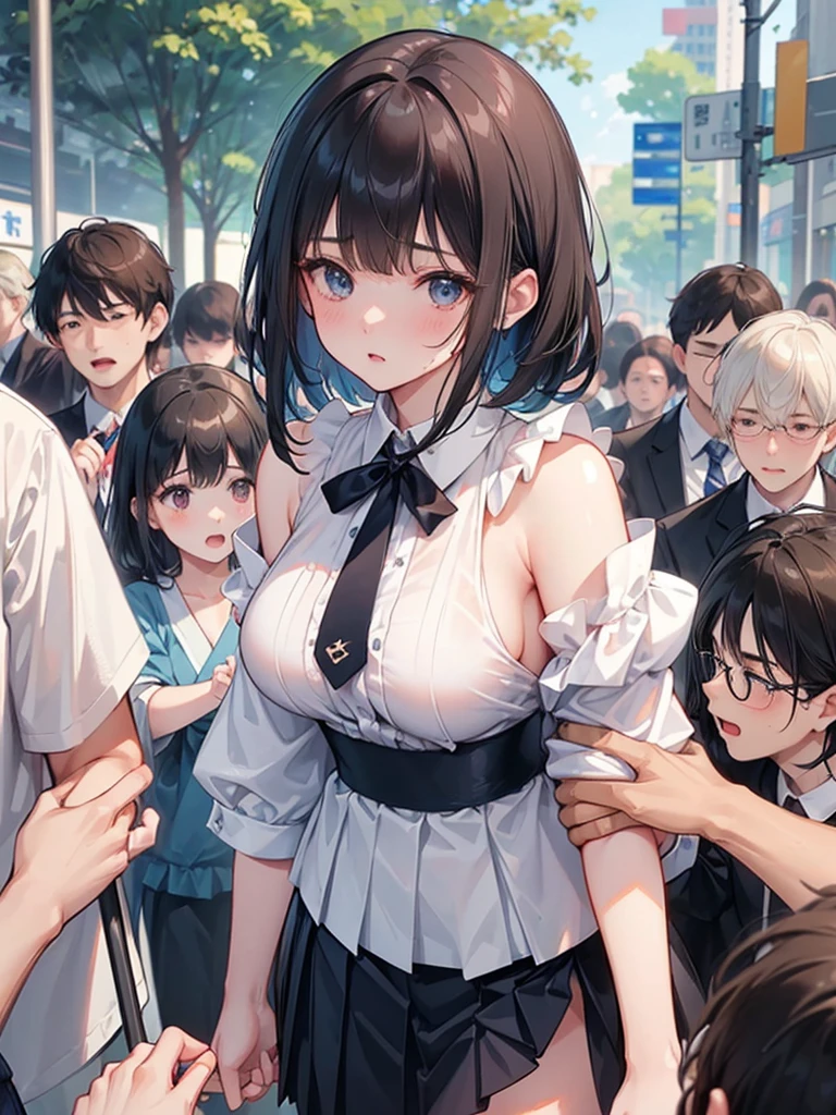 Night Park、high school girl、Mouth open in surprise、Panic look、、Large Breasts、See-through shirt、See-through underwear、Random Color、Black bob hair、hairpin、A skirt flipped up by the wind、I quickly grabbed the back of my skirt.、Thin panties、Random Color、Bystanders near the girl、Please change the angle randomly.、Shoot in the back、、Dildo near the crotch、Hands near the buttocks、Knead