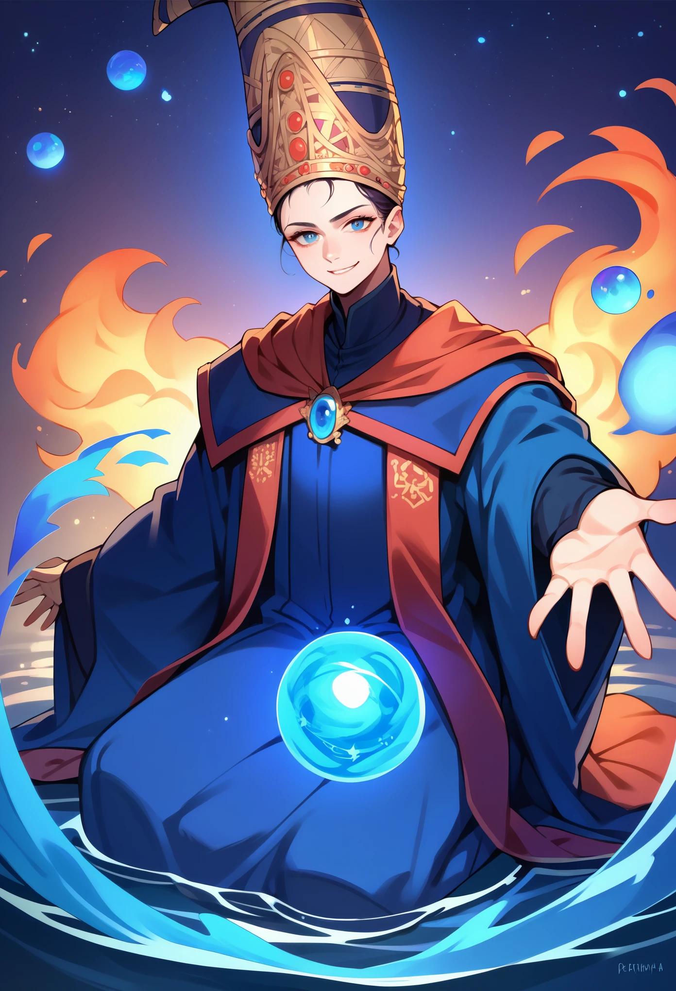 score_9, score_8_up, score_7_up, 1girl, solo, Rennala, crown, dress, blue robe, wide sleeves, long sleeves, smirk, casting a spell, magic spectre ball, blue fire ball, outstretched arm, looking at you, kneeling, night, on water, starry night, empty background