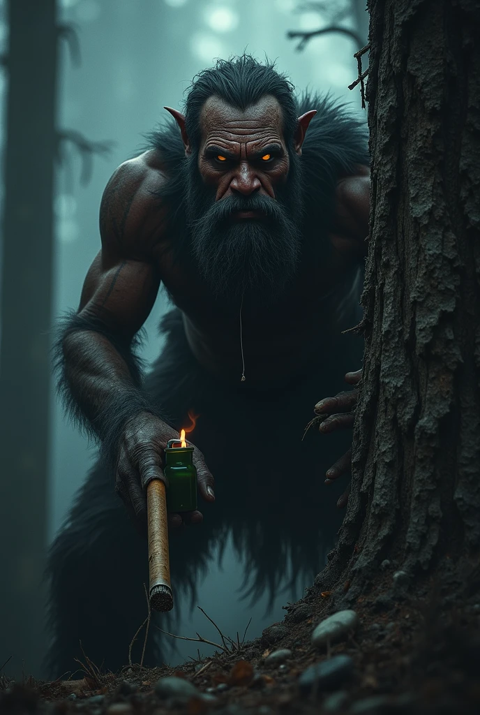 Old man with and feet shaped like glass bottle, 100 anos, preto, completamente peludo, sem roupas, com um chifre na testa. ONLY ONE ARM, holding a huge wooden stick. Walking in the middle of the forest at night. Floresta escura e nebulosa. imagem de corpo inteiro