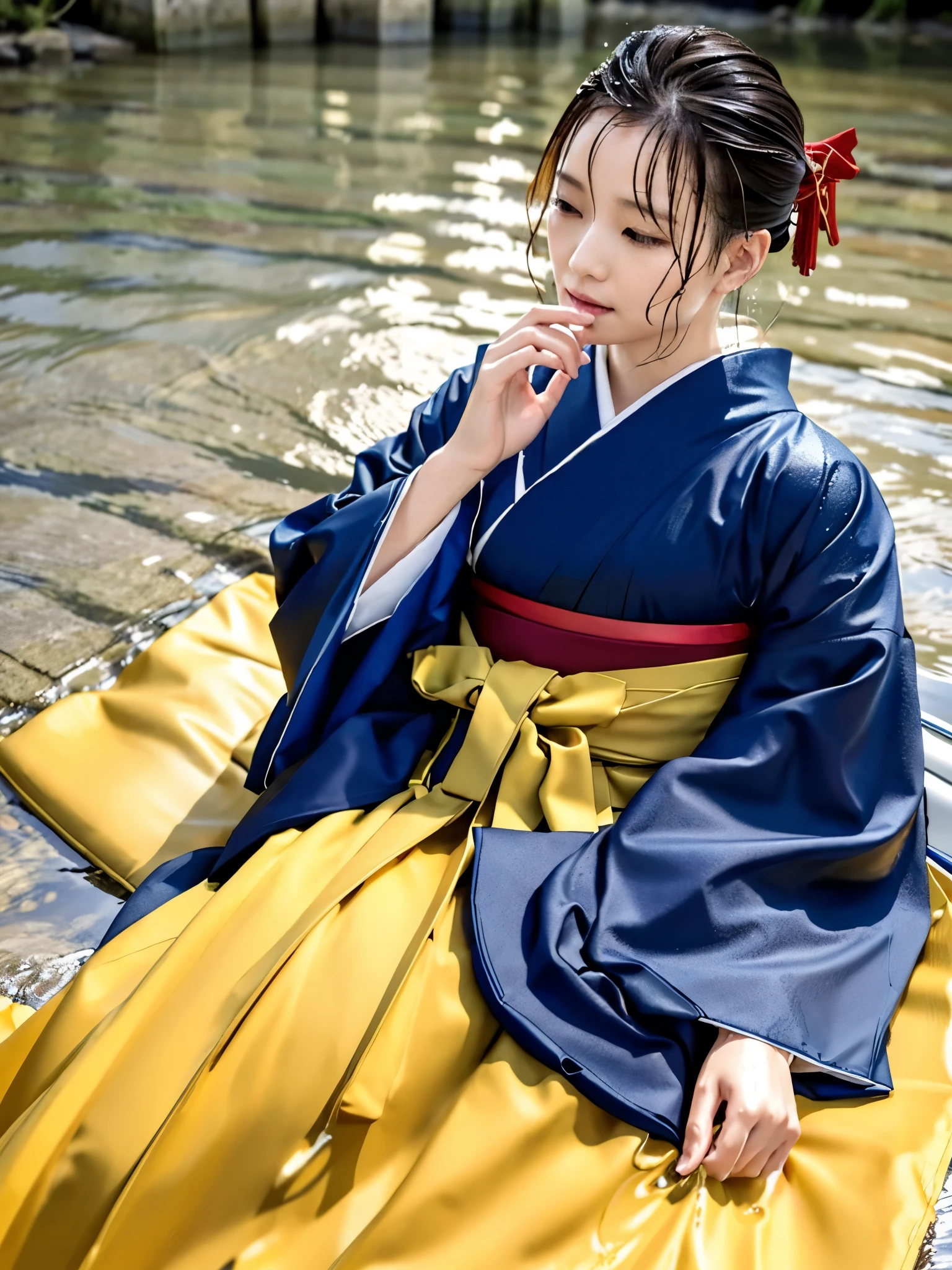 Realistic, long-sleeved kimono, hakama, long hakama, long long-sleeved kimono, wet clothes, soaking wet clothes, wet and shiny clothes, clothes with a wet texture, clothes that stick to the body, immersing in a river, lying down in a river