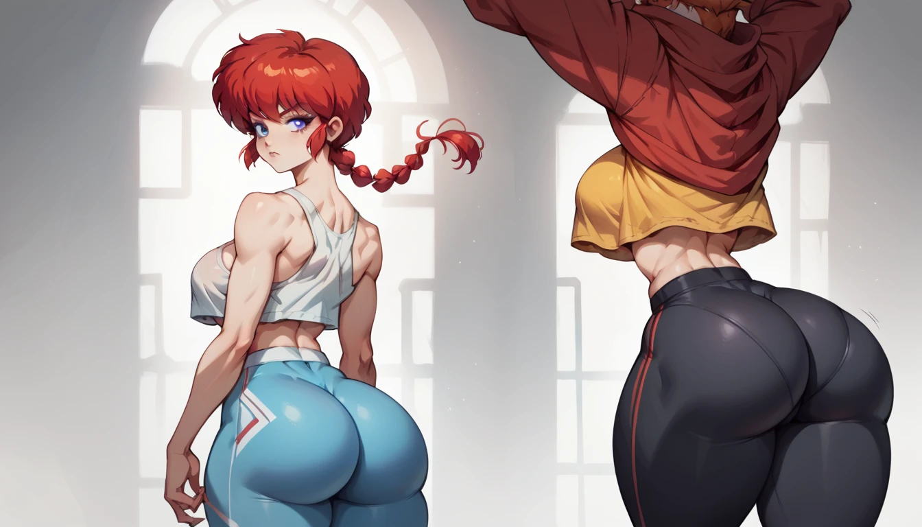 Ranma Chan, redhead, a woman , long and smooth red tone hair, bright and expressive blue eyes, she opted for worn adjusted yoga pants, a tight micro top, large breast, nsfw, big ass, thick thighs, wide hips, from behind