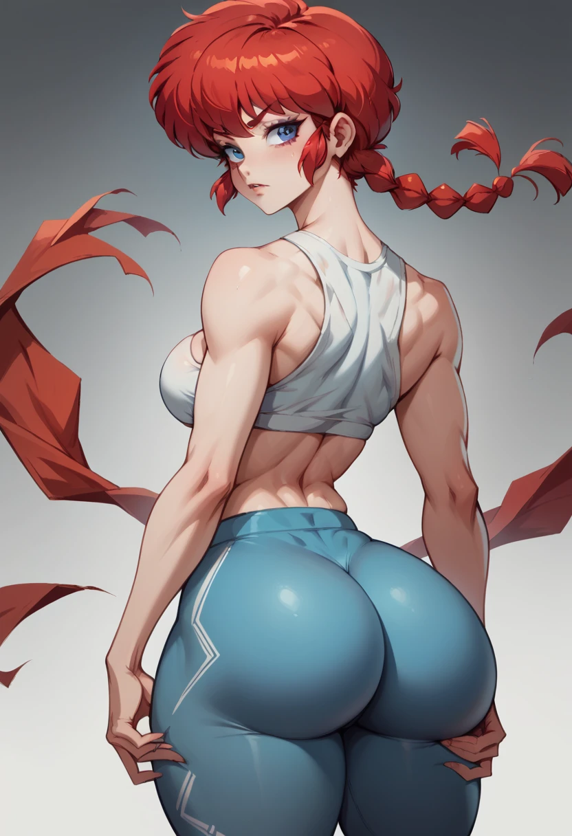 Ranma Chan, redhead, a woman , long and smooth red tone hair, bright and expressive blue eyes, she opted for worn adjusted yoga pants, a tight micro top, large breast, nsfw, big ass, thick thighs, wide hips, from behind