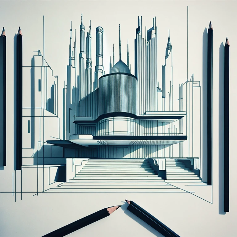 Pencil drawing, Architectural Design Process, Architectural Design And Drawings, In the process of completion, One hand, pencil, One hand holding a pencil, perspective projection, Two-point method, Trace-vanishing point method, Strange Architectural Designs, Weird, 