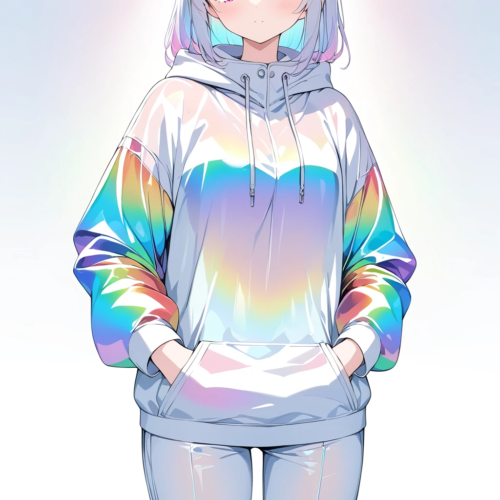 anime、((Amazingly absurd)),(masterpiece:1.2),超High resolution, Attention to detail, high quality, High resolution, 最high quality, 4K, 8k、One woman,Glass Clothes,Put your hands in your pockets,High neck hoodie,pants,Iridescent,Rainbow Eyes,Shining Eyes,Straight face,Simple Background,