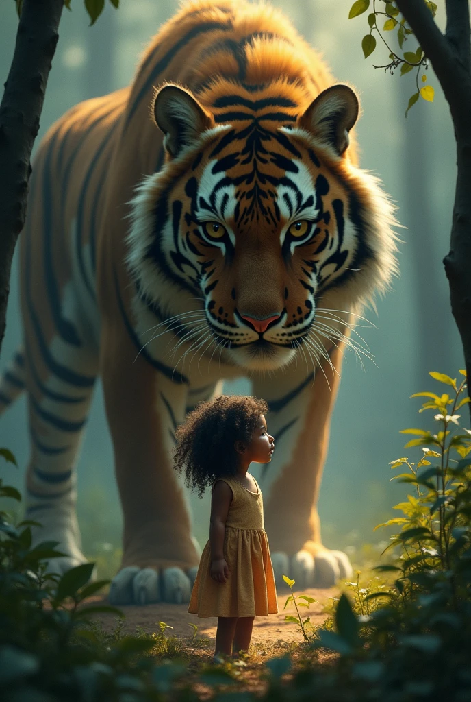 A giant wild saber-toothed tiger protects a beautiful primitive girl The girl hugs the tiger. (Master parts: 1.5) (photorrealistic: 1.1) (bokeh) (Best quality) (The skin、pores、Detailed texture of hair: 1.1) (complex) (8k) (hdr) (Wallpapers) (Cinematic lighting) (sharp focus )