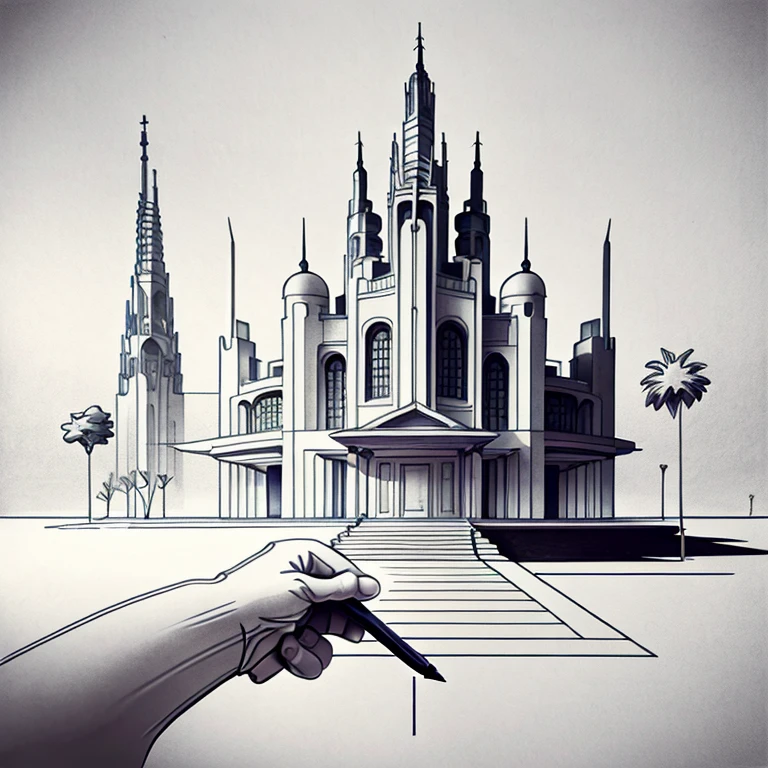 Pencil drawing, Architectural Design Process, Architectural Design And Drawings, In the process of completion, One hand, pencil, One hand holding a pencil, perspective projection, Two-point method, Trace-vanishing point method, Strange Architectural Designs, Weird, 