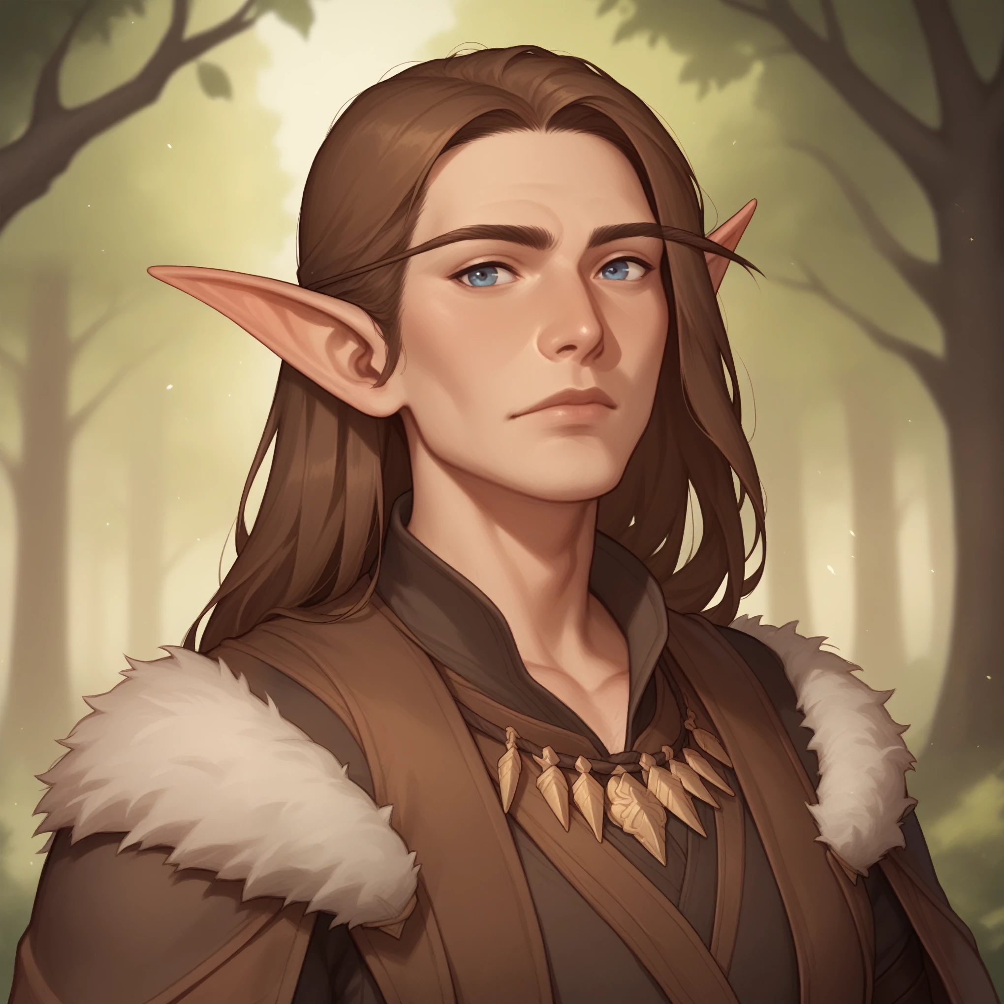 (((handsome, high quality, comics style, detailed face))), score_9, score_8_up, score_7_up, BREAK, bust shoot view, solo, A 40 years old man:1.1, male elf, long brown hair, wide neck, pointed ears, druid warrior, fur clothes, (upper body:1.1), contempt expression, tundra, fantasy outside, blurred background, Expressiveh, detailxl