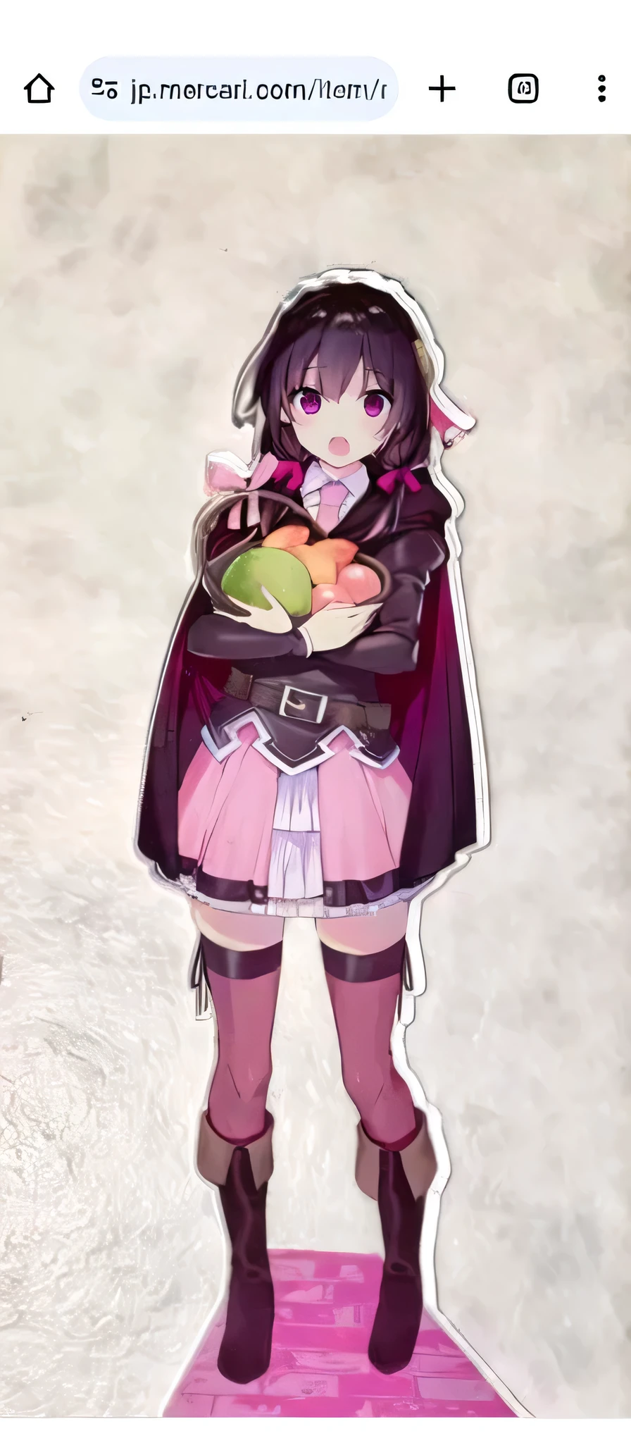 An anime character with a plate of food on a pink background, Tear from Overlord, Megumin from Konosuba, , Ayaka Genshin Impact, Aqua from Konosuba, Pubic Pose, Lucina from Fire Emblem, Holo sticker, Full-size persona, cardboard cutout, " whole body