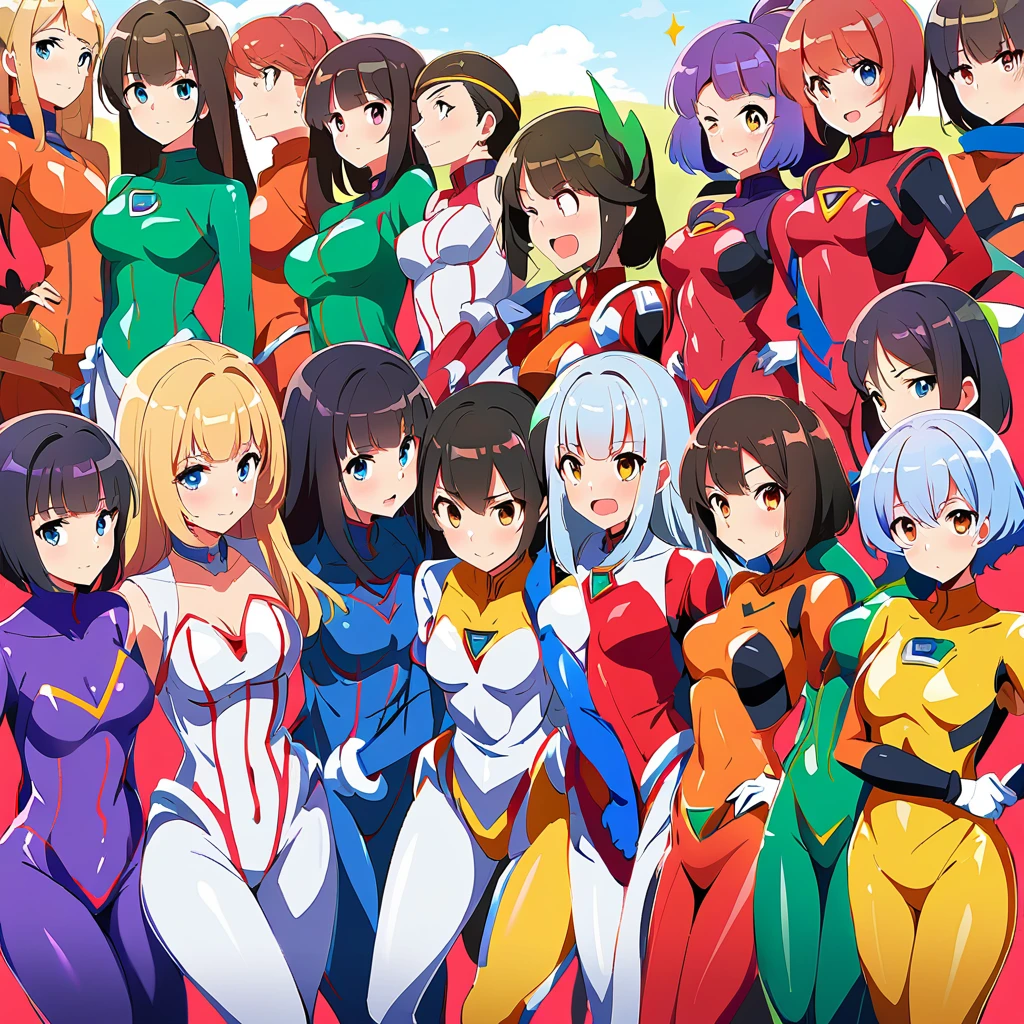 super sentai series, hero suits, girls surrounding, multiple girls, (masterpiece, best quality, ultra detailed), (code geass style, ), (tender expression, ), romantic,