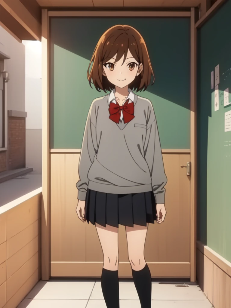 Best Quality, Official Art, Beautiful aesthetics, Perfect picture:1.4),Anime Background Art, Bottom of the room, 1 bed, Standing, Beautiful anime scene, 4K Anime Art Wallpaper, 4K Anime Art Wallpaper, Rossla Global Illumination, Anime Girls, Best Quality, detailed,StandingFull body, 1 girl, Alone, Mouth closed, smile, Brown Hair, Short Hair, Brown eyes, View your audience, Perfect Face, Perfect Eyes, Clear Eyes, Short Hair,Medium Hair,Schoolgirl uniform, One Girl, Alone, that, (View your audience, Standing, Cowboy Shot:1), (Brown Hair, Brown Hair, Short Hair, Short, flowing hair:1.2), (Brown eyes, shining Brown eyes:1.3), [smile, Mouth closed:1.2], [Mid-chest:1], (that School 1, Grey sweater, Red bowtie, Black Skirt, Pleated skirt, Black knee-high socks:1.4), (Amazing shine:1.4).
