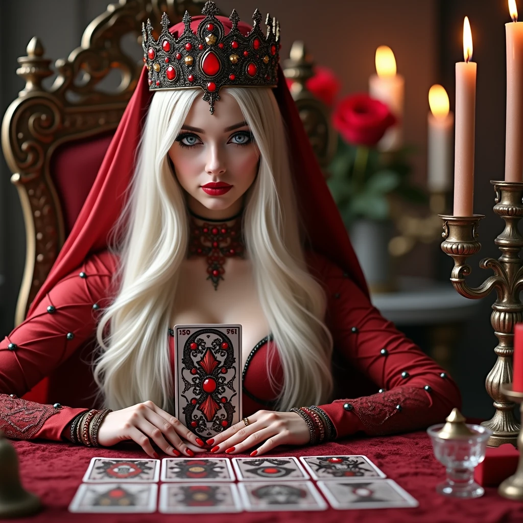 Em um luxuoso cassino, A stunning woman wears an exquisite dress adorned with heart symbols, embodying the royal presence of the Queen of Hearts. Rodeado por um pano de fundo de cartas de poker e fichas, She exudes confidence and seduction, convidando os jogadores a testar sua sorte e habilidades no jogo de azar.