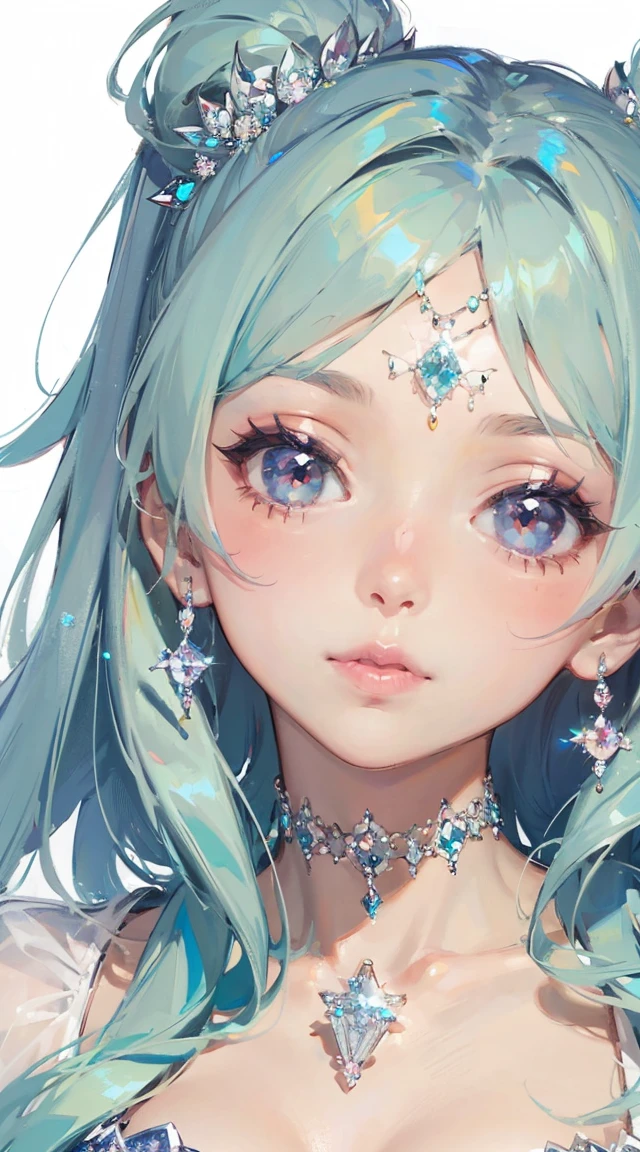The hair is covered with beautiful and delicate floral craftsmanship, Crystal jewelry filigree, jewelry, and Ultra-detailed details, Beautiful aristocratic girl,Gray hair is elegantly coiled,(((Silvertone))), golden colored。 Blue and purple clear eyes, crystal, Illusion.