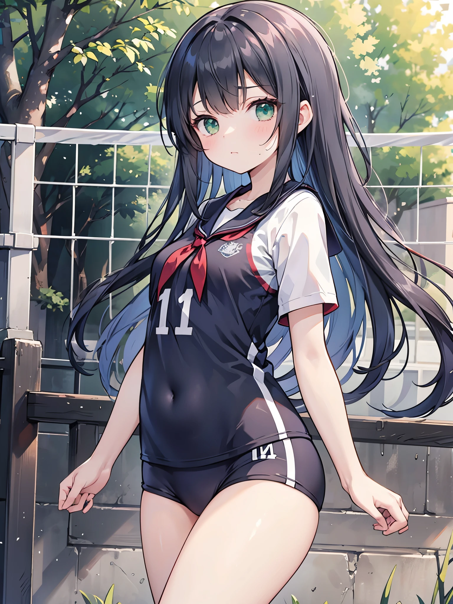 ((Best Quality, 8k, masterpiece: 1.3)),people間の女の子,１people,１peopleで,((Petite,Glamorous Body,Curvy)),cute,Whole body,Face the viewer((A dejected look)),((Black Hair)),Long Hair,Beautiful emerald green eyes,((Outside the school gym,Lean your back against a big tree,Wearing volleyball clothes),