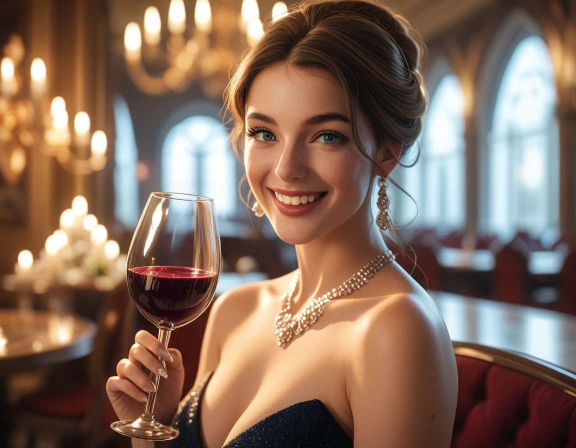 (masterpiece), anatomically correct, accurate, textured skin, high details, high quality, (best quality), (super detail), perfect detailed eyes, perfect detailed face, ultra-detailed nose, A luxurious fine dining scene at a French restaurant. The focus is on a woman elegantly holding a wine glass, smiling joyfully. She is dressed in an evening gown, with soft lighting that highlights her sophisticated demeanor. The background features a candlelit table, with gourmet dishes and a refined ambiance. The restaurant has a classy, upscale interior with delicate details, chandeliers, and warm, ambient lighting