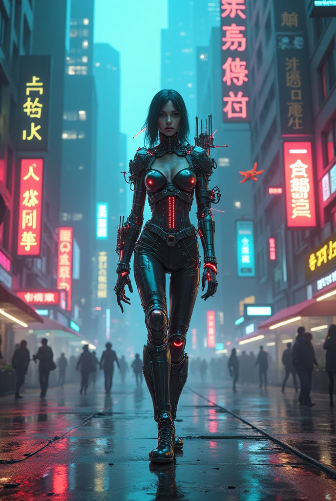 ((best qualityer)), ((Masterpiece artwork)), (detailded), (cyberpunk illustration: 1.3), black cyberpunk outfit, long black hair, natta, neon, lovely gaze, captivating pose, big boobies, charme (Luis Royo:1.2), (Yoshitaka Amano:1.1), natta de luar, subdued colors, (detailed cyberpunk city landscape:1.3), (high resolution:1.2)