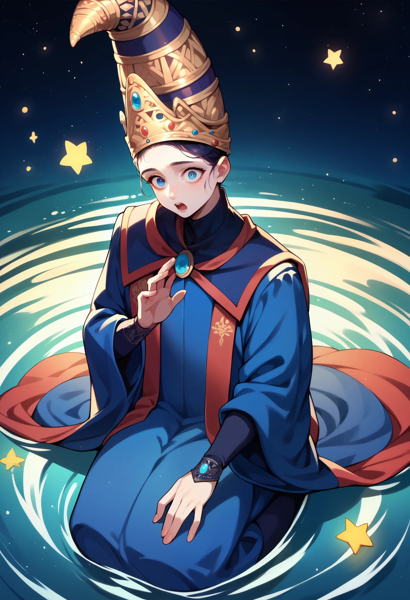 score_9, score_8_up, score_7_up, 1girl, solo, Rennala, crown, dress, blue robe, wide sleeves, long sleeves, surprised, looking at you, kneeling, night, on water, starry night, empty background